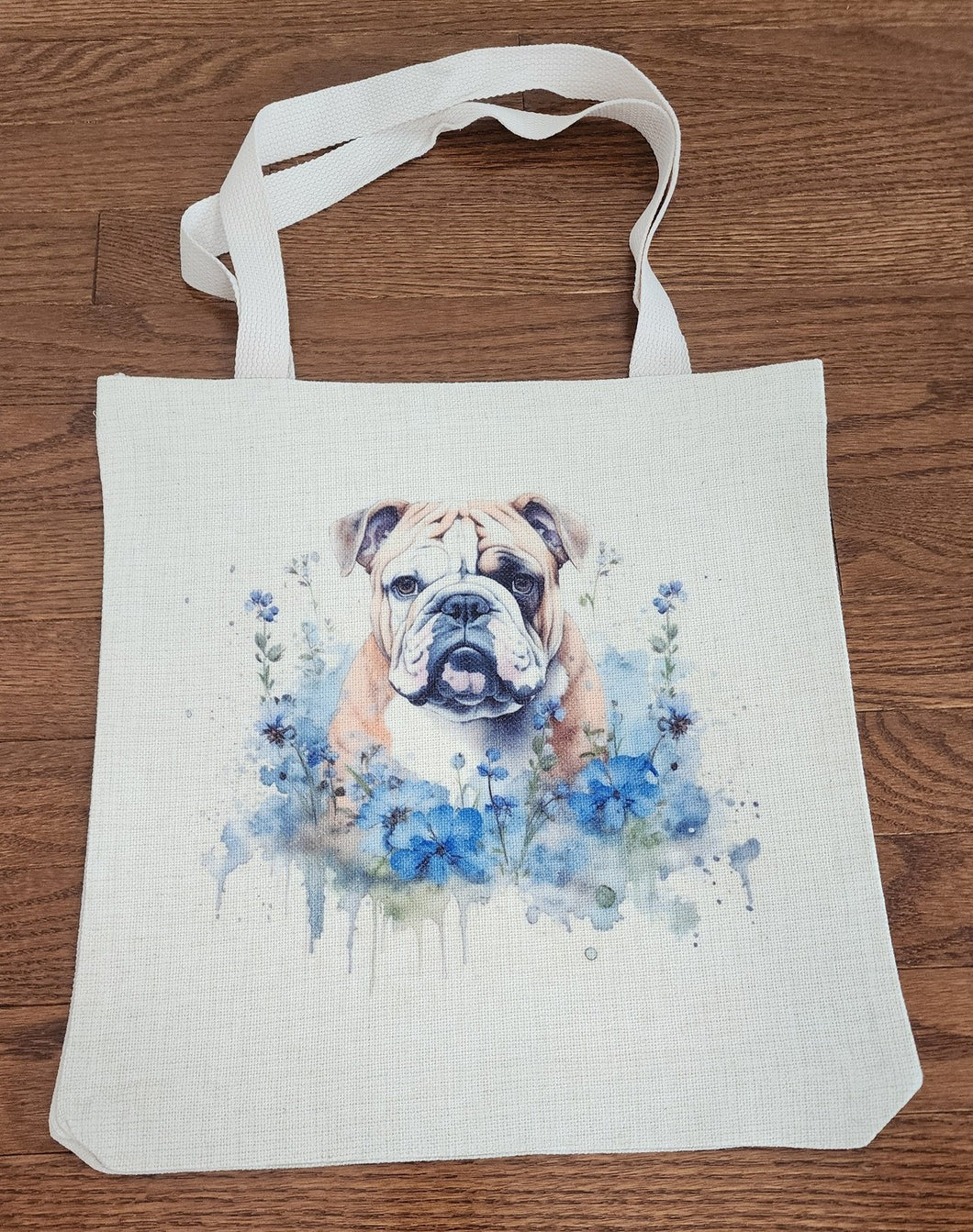 English Bulldog - Bright Blue Floral Linen Tote