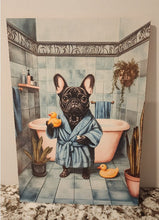 French Bulldog (Black) - In Blue Robe & Rubber Ducky Solid Birch Wood Wall Art