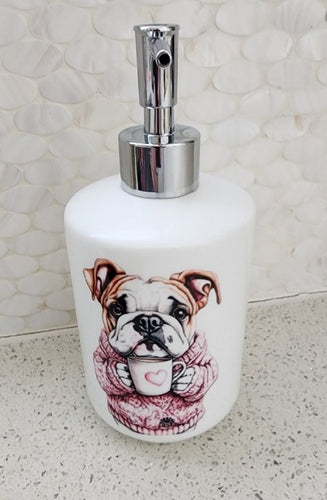 English Bulldog - Pink Outfit & Drinking Coffee Ceramic Soap Dispenser