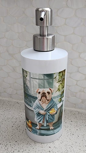 English Bulldog - In Bathroom with Rubber Ducky Soap Dispenser