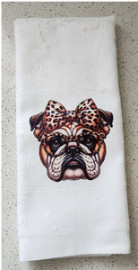 English Bulldog - Leopard Print Glasses & Bow Towel, 25" x 17"
