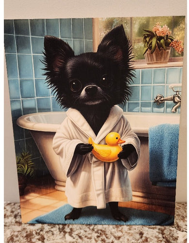 Chihuahua (Black) - In Blue Robe & Rubber Ducky Solid Birch Wood Wall Art