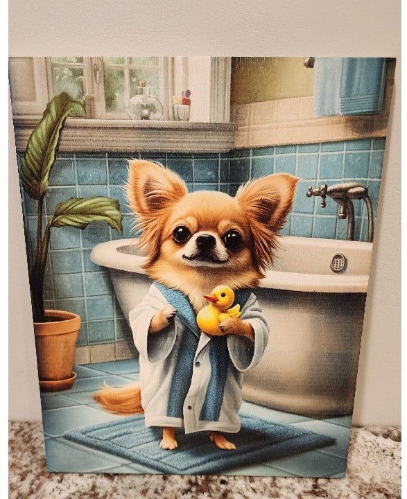 Chihuahua (Tan) - In Blue Robe & Rubber Ducky Solid Birch Wood Wall Art