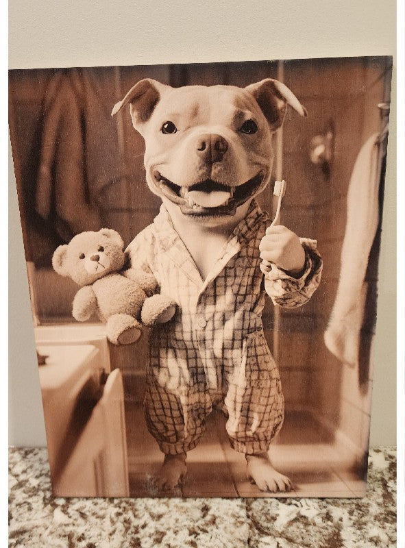 Pitbull - Toothbrush & Teddy Bear Solid Birch Wood Wall Art