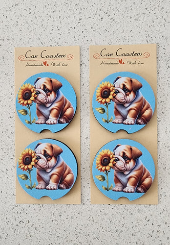 English Bulldog with Sunflower Car Coasters, Set of 4