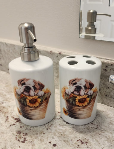 English Bulldog - Sunflower Ceramic Soap Dispenser