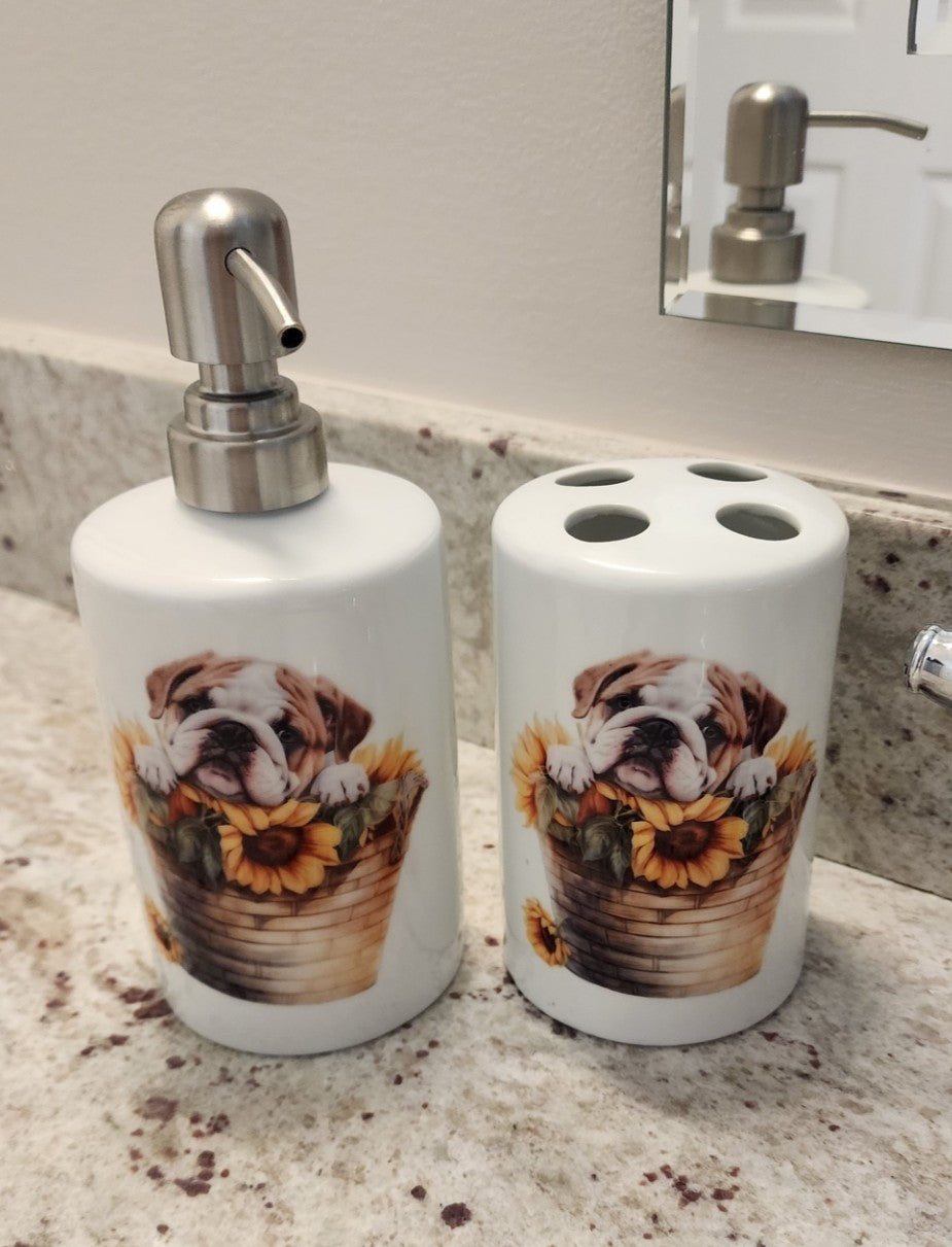English Bulldog - Sunflower Ceramic Soap Dispenser