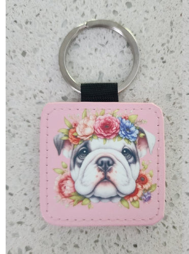 English Bulldog with floral headdress Keychain