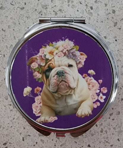 English Bulldog (Lying Down) - Floral Headdress with Purple Background Pill Box