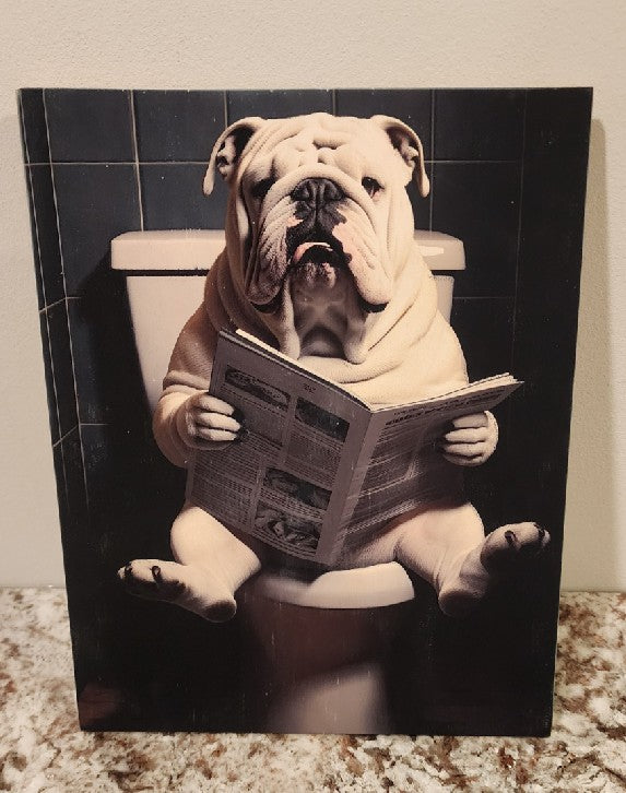 English Bulldog - Reading on the Toilet Solid Birch Wood Wall Art (Black & White)