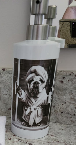 English Bulldog - Black & White Wearing a Robe and Towel on Head Bath Soap Dispenser
