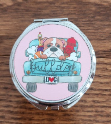 English Bulldog - In Back of Truck with Light Pink Background Pill Box