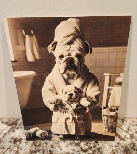 English Bulldog - Bulldog & Pup in Robes Solid Birch Wood Wall Art