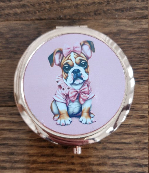 English Bulldog - Shabby Chic with Bow Rose-Gold Round Compact Mirror