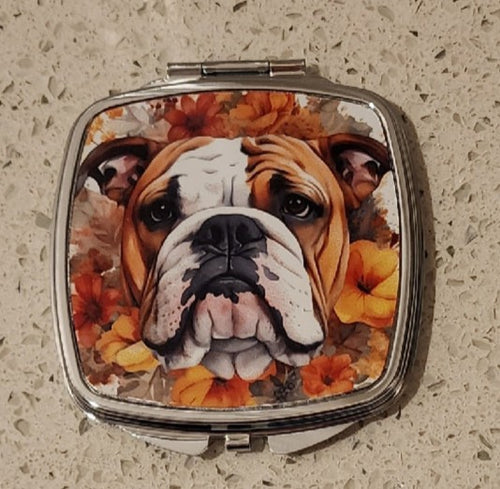English Bulldog - Face with Fall Color Flowers Rectangular Compact Mirror