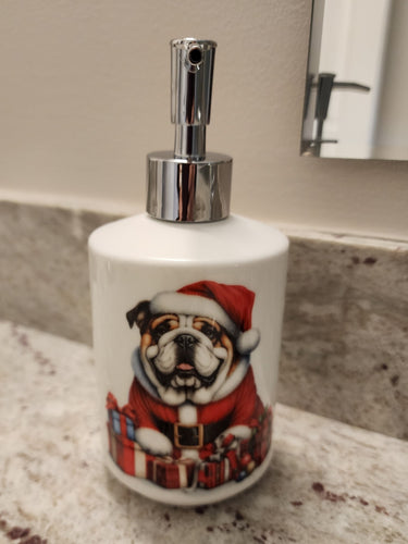 English Bulldog - In Santa Outfit with Presents Soap Dispenser