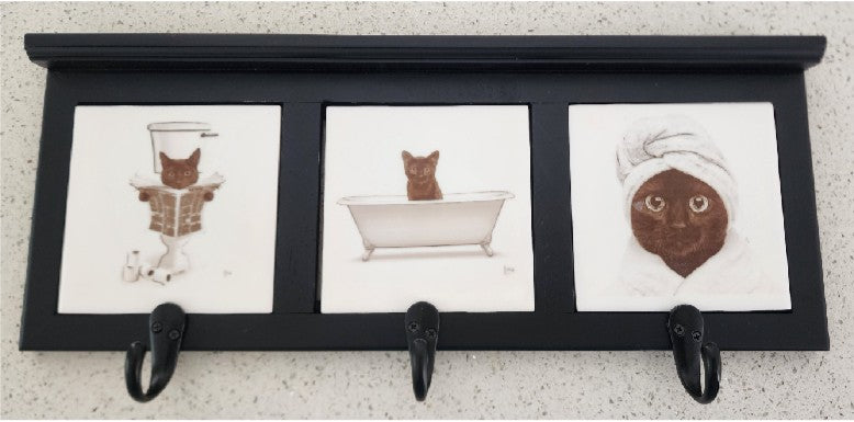 Cat - Bathroom Design Wood Coat Rack (Black & White)
