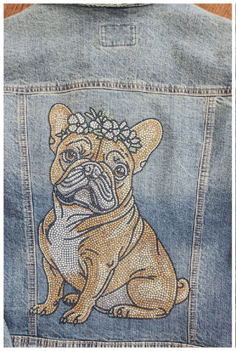 French Bulldog (Brown & White) - Floral Headdress Rhinestone Denim Jacket