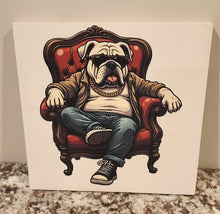 English Bulldog - Sitting on Red Chair Solid Birch Wood Wall Art