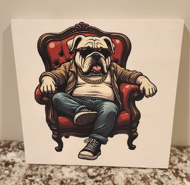 English Bulldog - Sitting on Red Chair Solid Birch Wood Wall Art