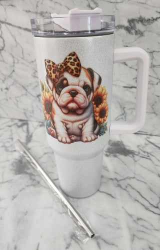 English Bulldog with Sunflowers Glitter Stainless Steel Tumbler, 40 oz.
