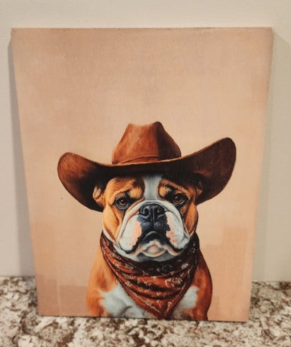 English Bulldog - Cowboy  Solid Birch Wood Wall Art