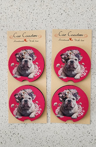 English Bulldog with Floral Crown on Hot Pink Background Car Coasters, Set of 4