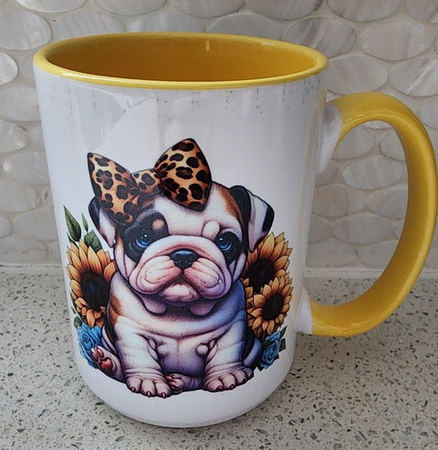 English Bulldog - Leopard Bow & Sunflowers Ceramic Mug, 15 oz.