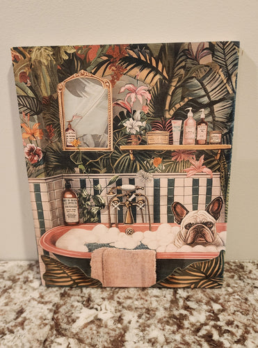 French Bulldog - Bathroom Scene Solid Birch Wood Wall Art