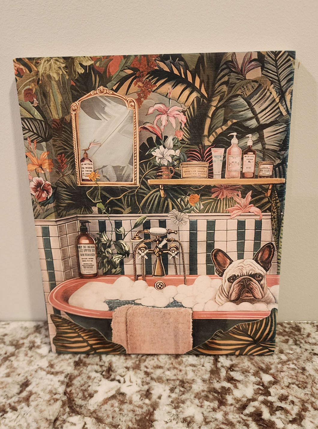 French Bulldog - Bathroom Scene Solid Birch Wood Wall Art
