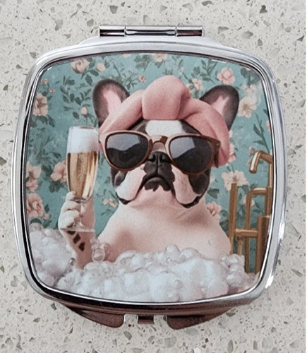 French Bulldog - Bubble Bath & Champagne Rectangular Compact Mirror