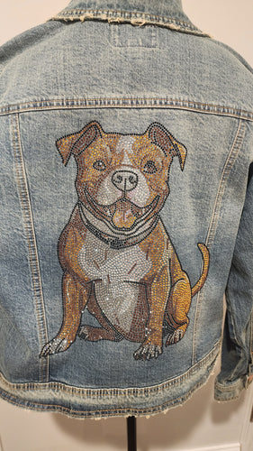 Pitbull (Brown & White) - Pitbull Sitting Rhinestone Denim Jacket