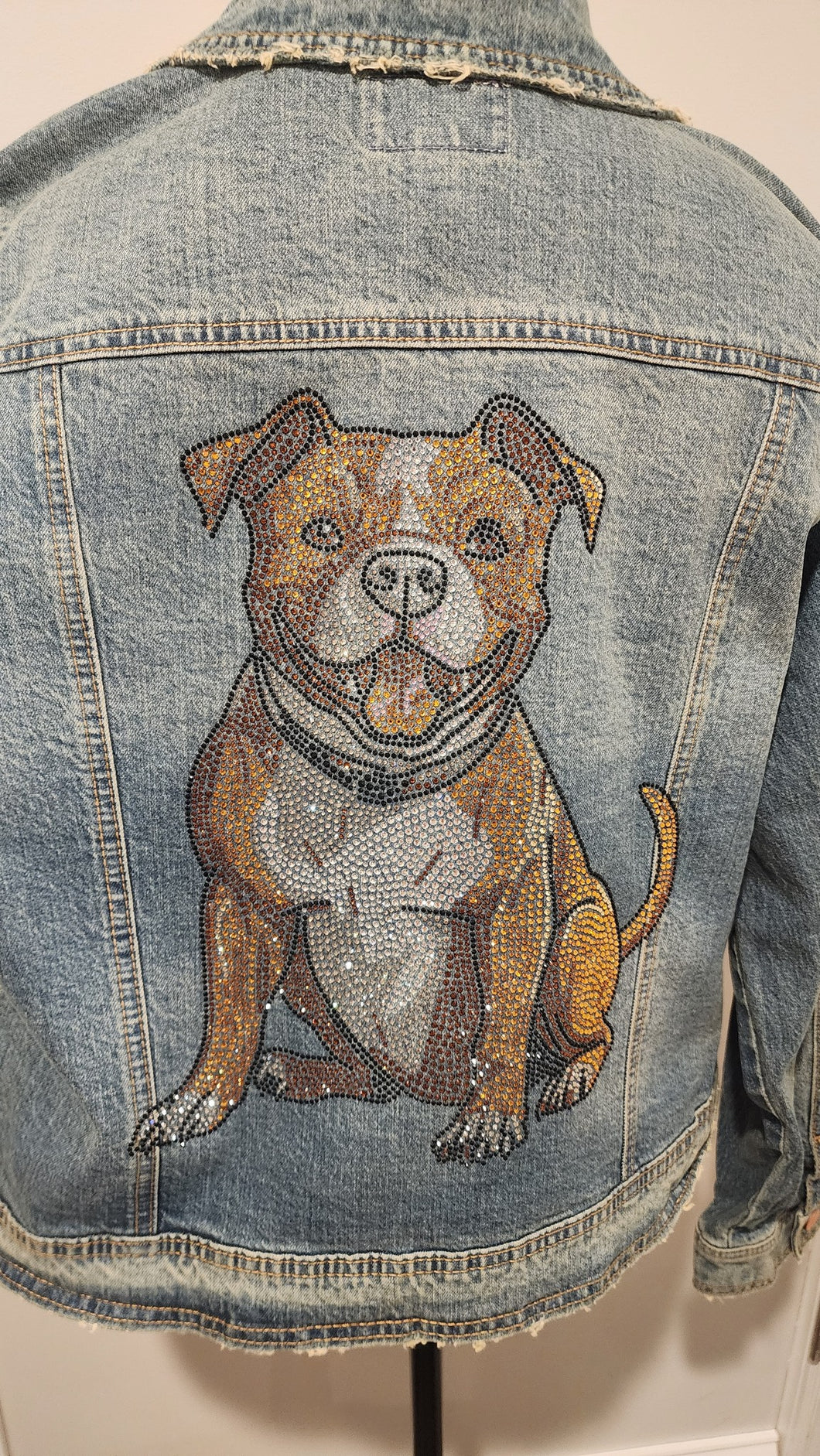 Pitbull (Brown & White) - Pitbull Sitting Rhinestone Denim Jacket