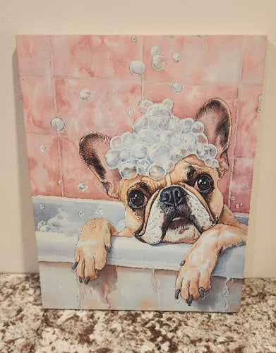 French Bulldog - Bubble Bath with Suds on Head Solid Birch Wood Wall Art