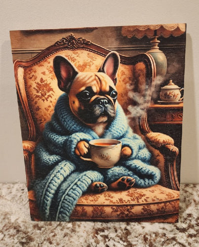 French Bulldog - Wrapped in Blanket on Chair Solid Birch Wood Wall Art