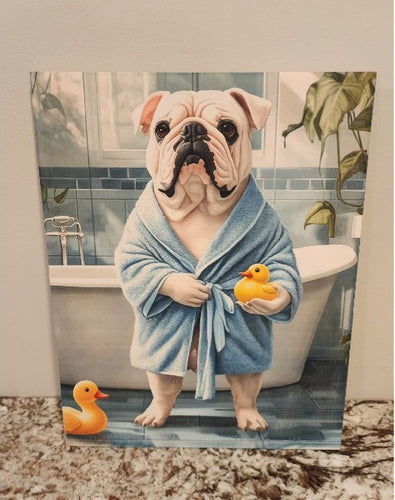 English Bulldog (White)  - In Blue Robe & Rubber Ducky Solid Birch Wood Wall Art