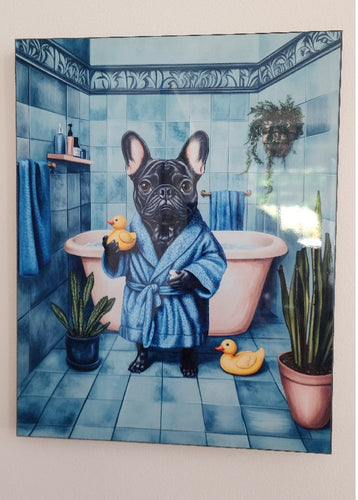 French Bulldog (Black) - In Blue Robe with Rubber Ducky Microfiber Wood Wall Art (Copy)