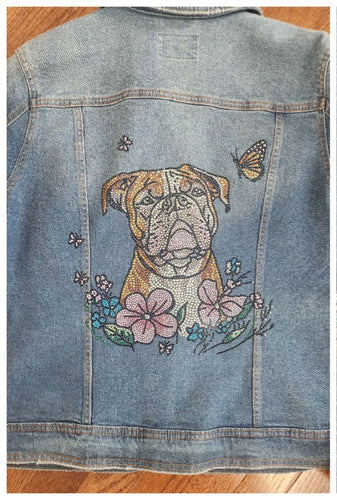 English Bulldog - English Bulldog With Flowers & Butterflies Rhinestone Denim Jacket
