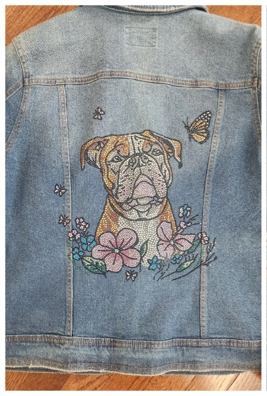 English Bulldog - English Bulldog With Flowers & Butterflies Rhinestone Denim Jacket