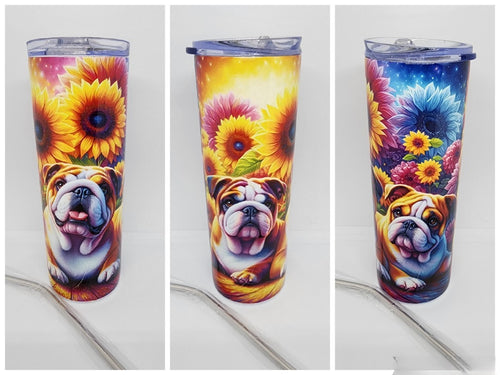 English Bulldog - 3 English Bulldogs with Sunflowers Stainless Steel Tumbler, 20 oz.