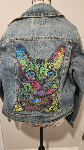Cat - Colorful Cat Rhinestone Denim Jacket