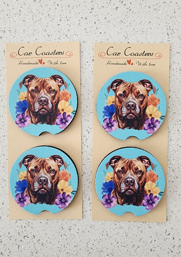 Pitbull with Floral Background Car Coasters, Set of 4