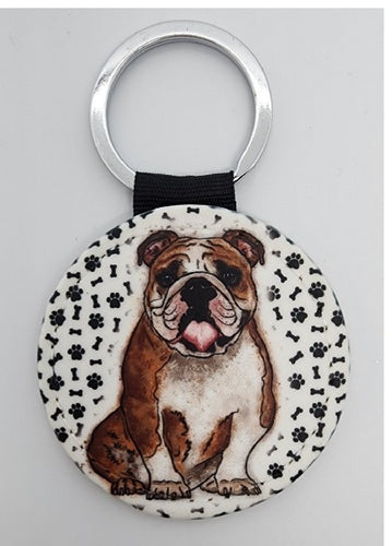 English Bulldog with Black Bones Paw Prints Keychain