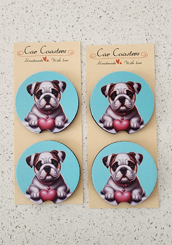 English Bulldog with Heart Collar on Aqua Background Car Coasters, Set of 4