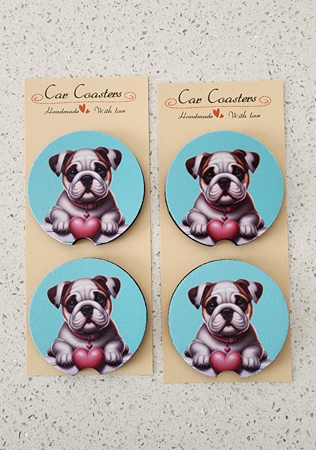 English Bulldog with Heart Collar on Aqua Background Car Coasters, Set of 4