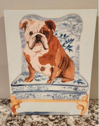 English Bulldog - On a Black & White Chair Solid Birch Wood Wall Art