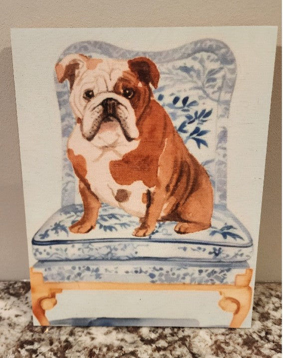 English Bulldog - On a Black & White Chair Solid Birch Wood Wall Art