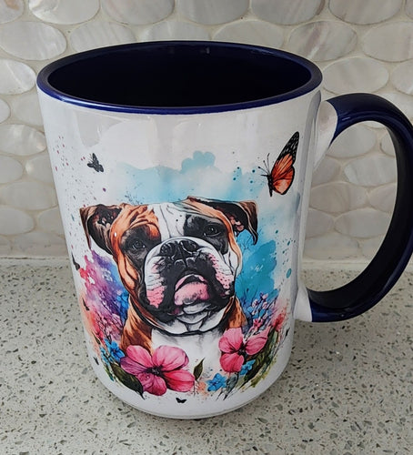 English Bulldog - Butterflies & Flowers Ceramic Mug, 15 oz.