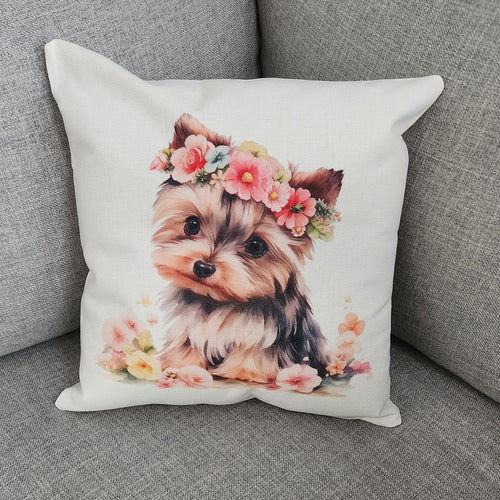 Yorkie - Floral Crown Throw Pillow, 16