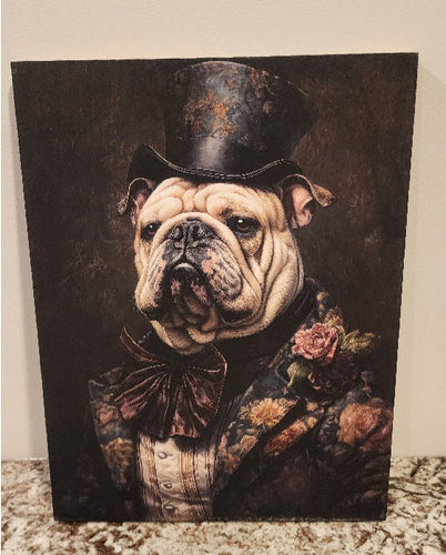 English Bulldog - Suit & Top Hat Solid Birch Wood Wall Art